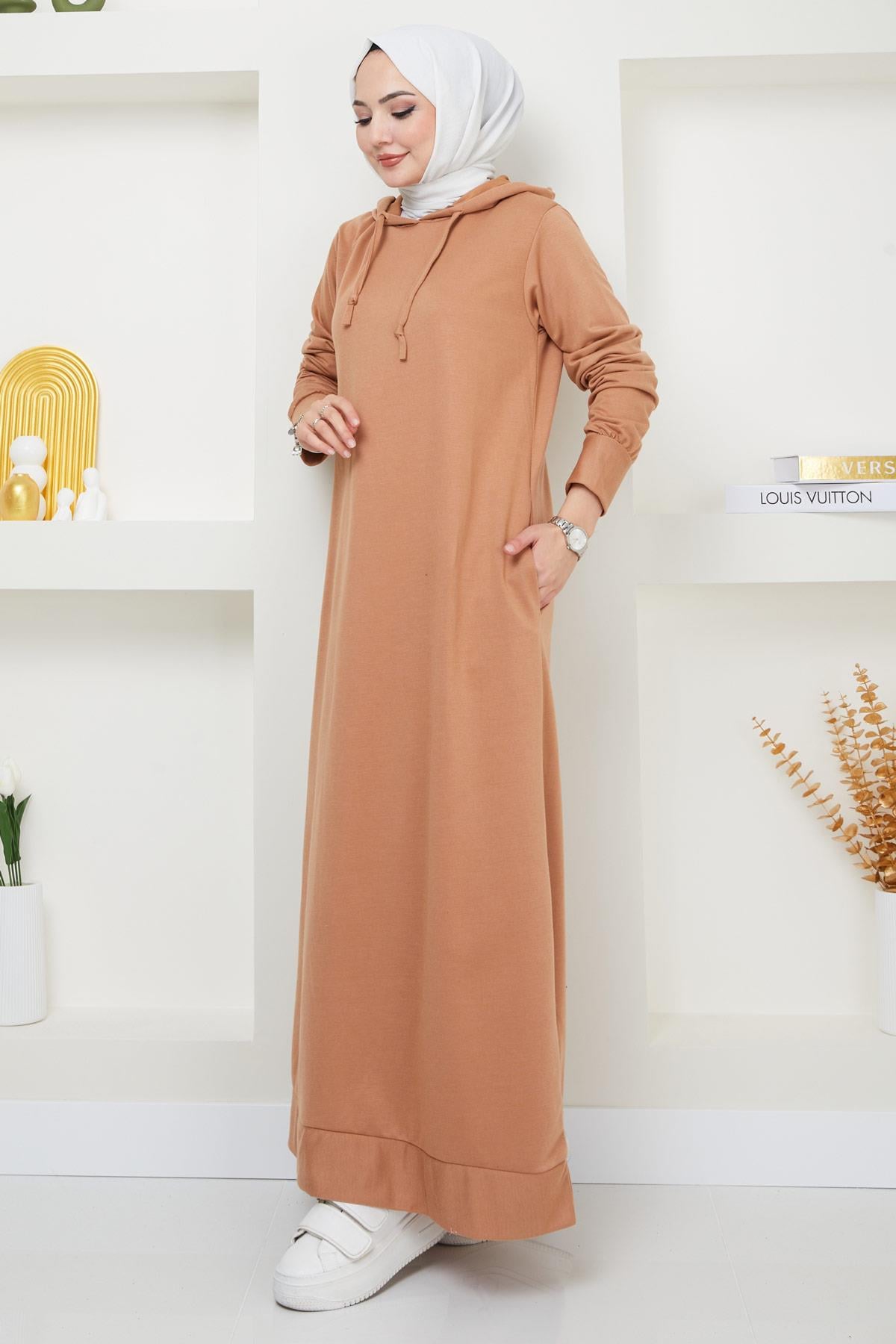 İki İplik Kapüşonlu Elbise Camel HM2164
