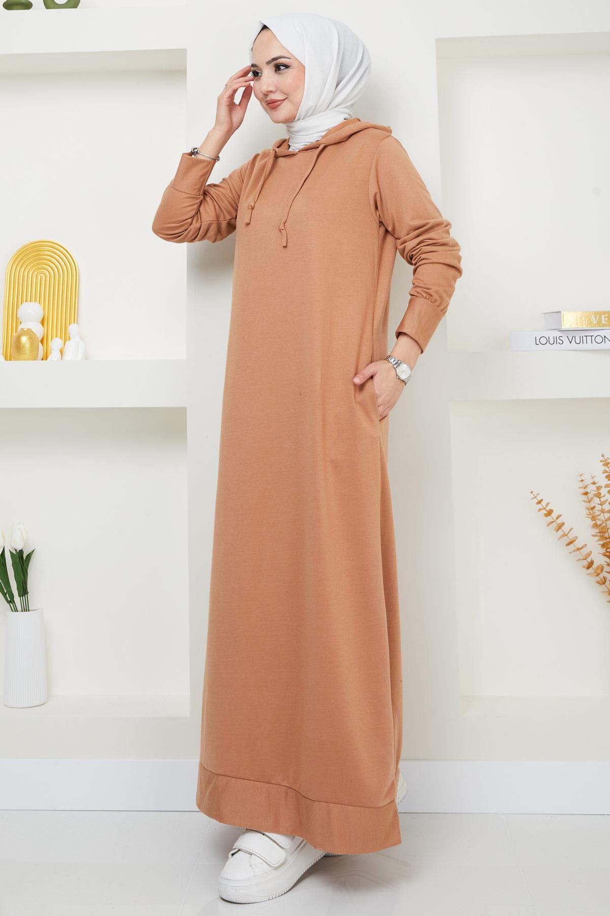 İki İplik Kapüşonlu Elbise Camel HM2164