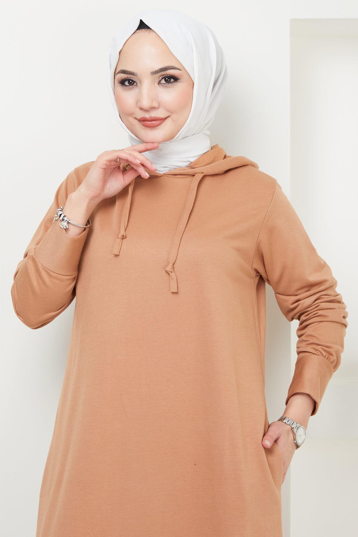 İki İplik Kapüşonlu Elbise Camel HM2164