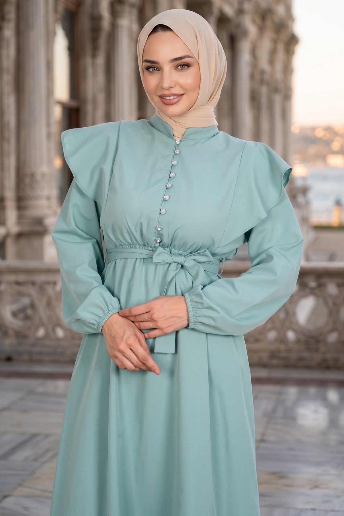İnci Düğme Detaylı Fırfırlı Tesettür Elbise Mint Yeşili   HNT0317