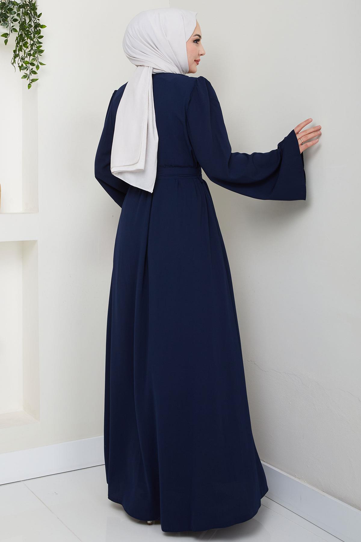 İncili Çiçek Motifli Kuşaklı Ferace Lacivert HM2720