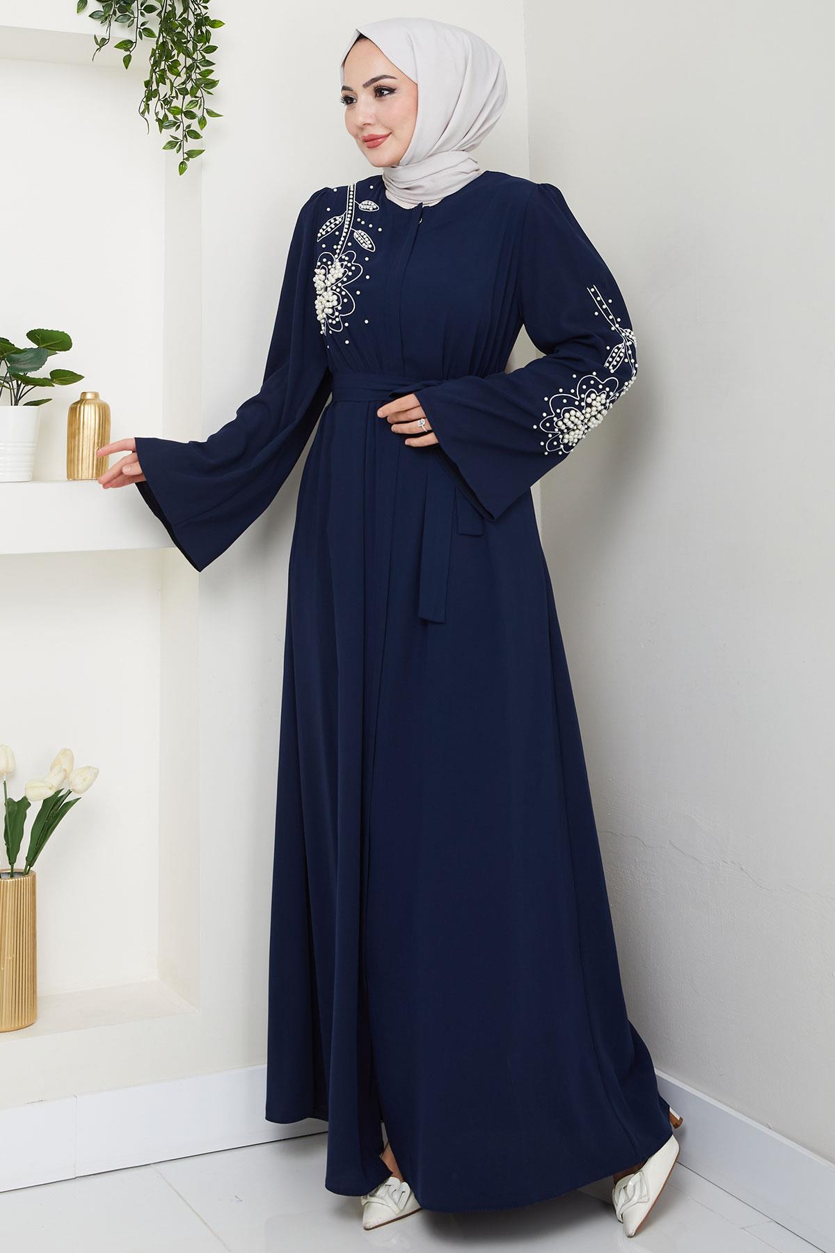 İncili Çiçek Motifli Kuşaklı Ferace Lacivert HM2720