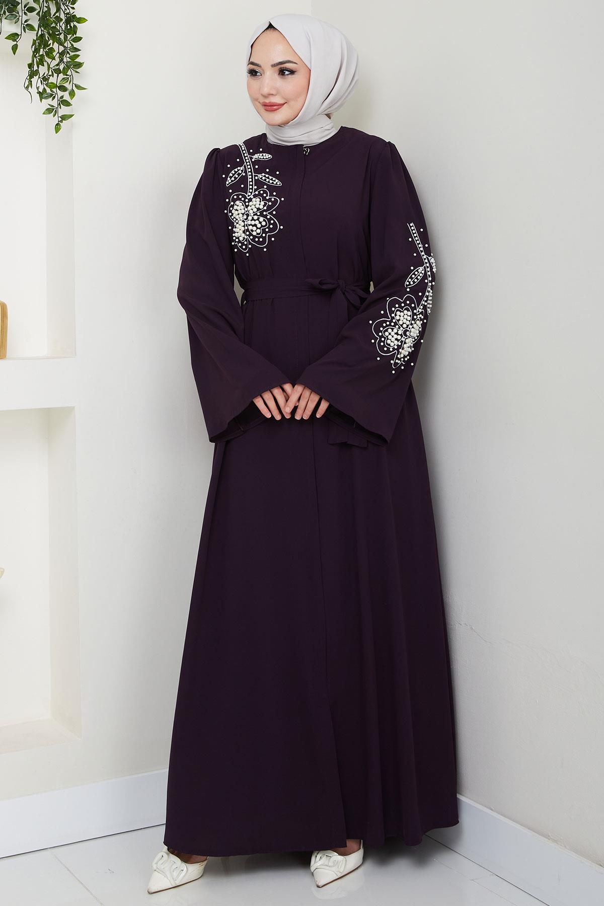 İncili Çiçek Motifli Kuşaklı Ferace Mürdüm HM2720