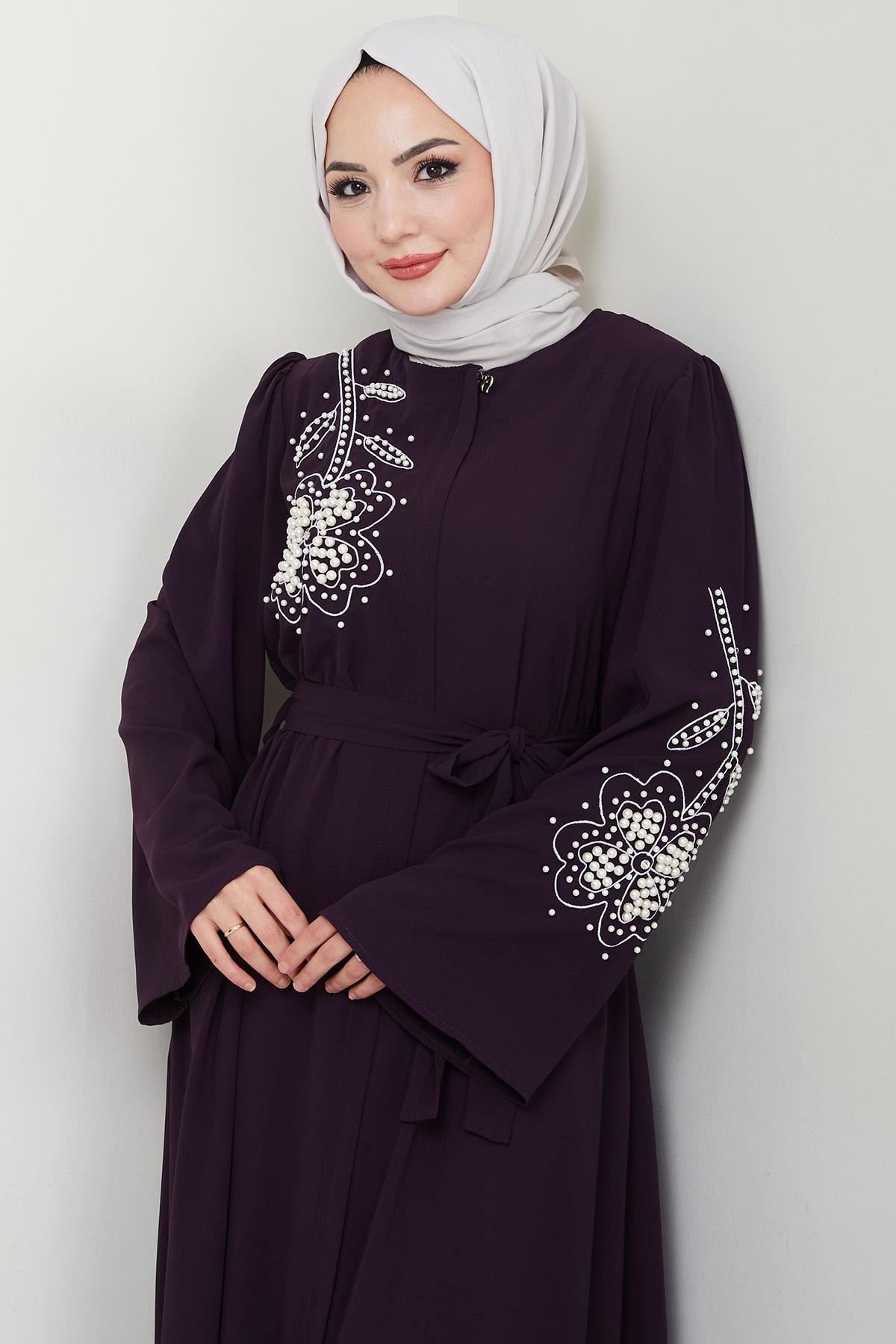 İncili Çiçek Motifli Kuşaklı Ferace Mürdüm HM2720