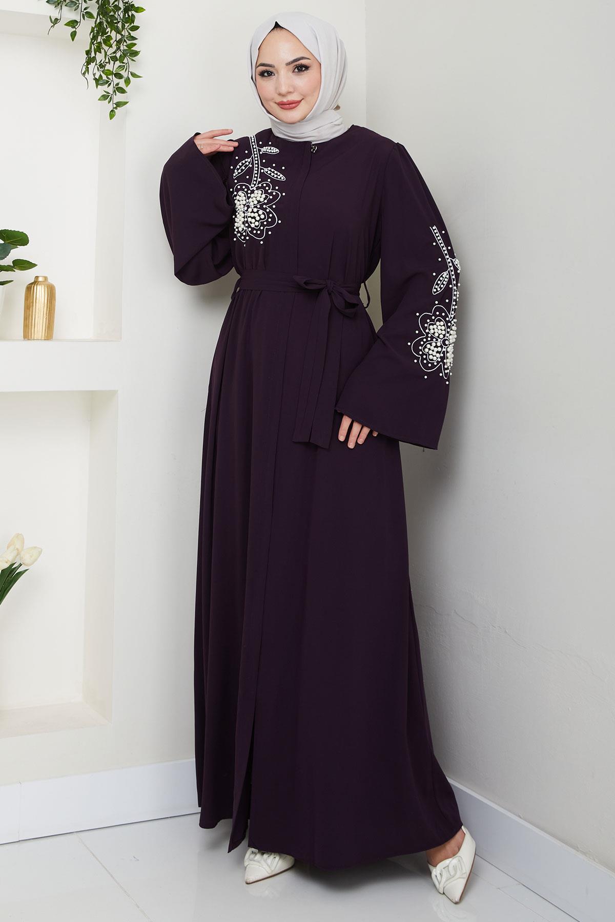 İncili Çiçek Motifli Kuşaklı Ferace Mürdüm HM2720