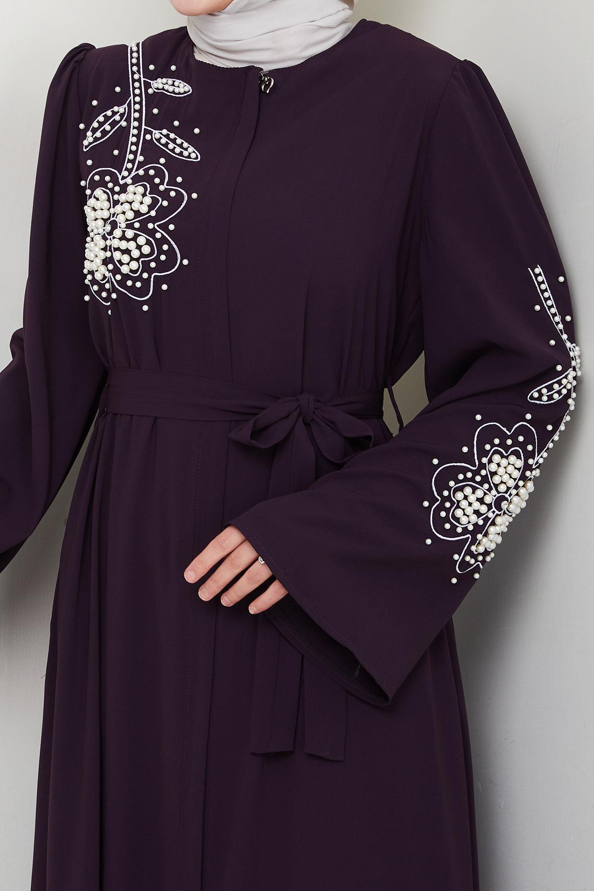 İncili Çiçek Motifli Kuşaklı Ferace Mürdüm HM2720