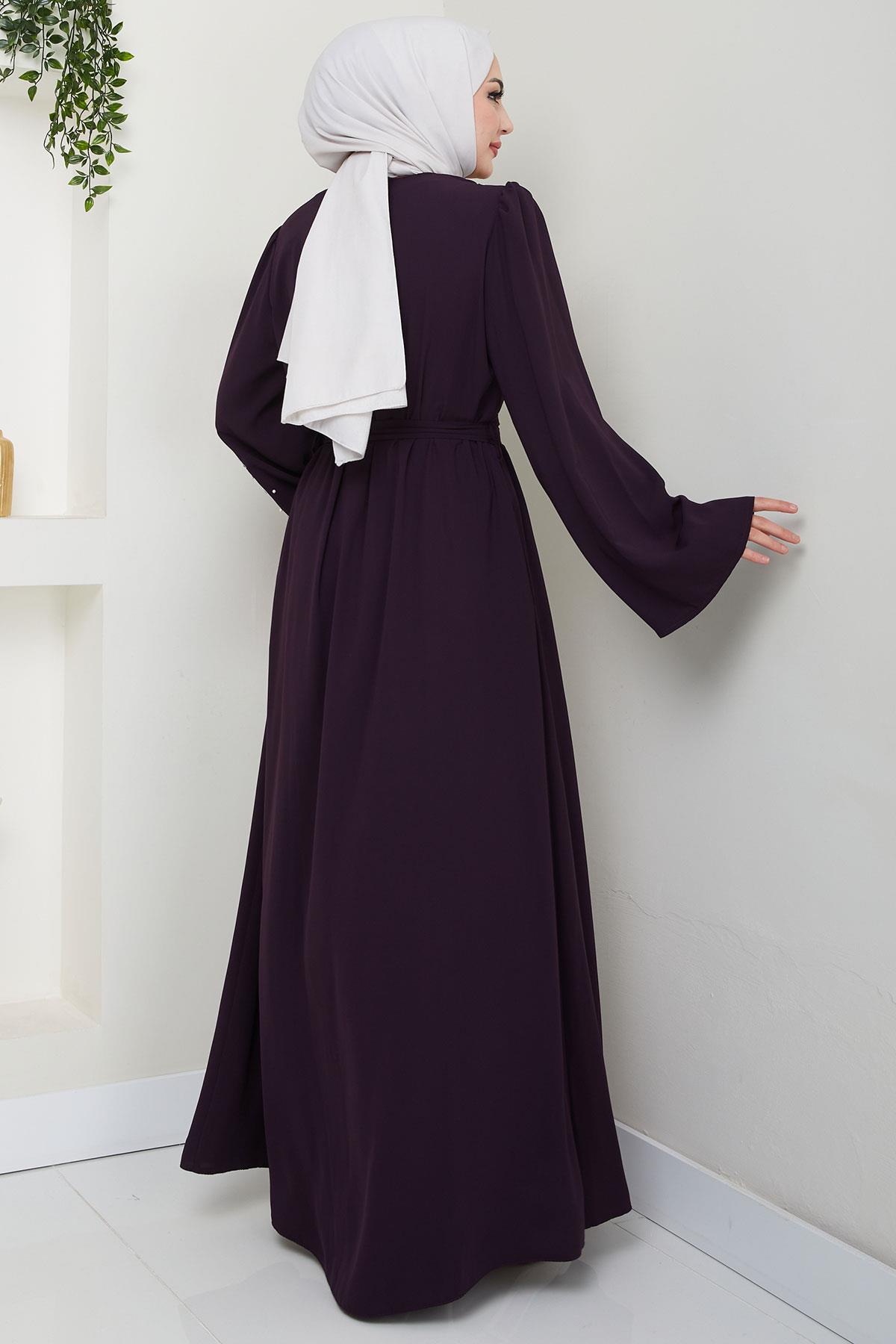 İncili Çiçek Motifli Kuşaklı Ferace Mürdüm HM2720