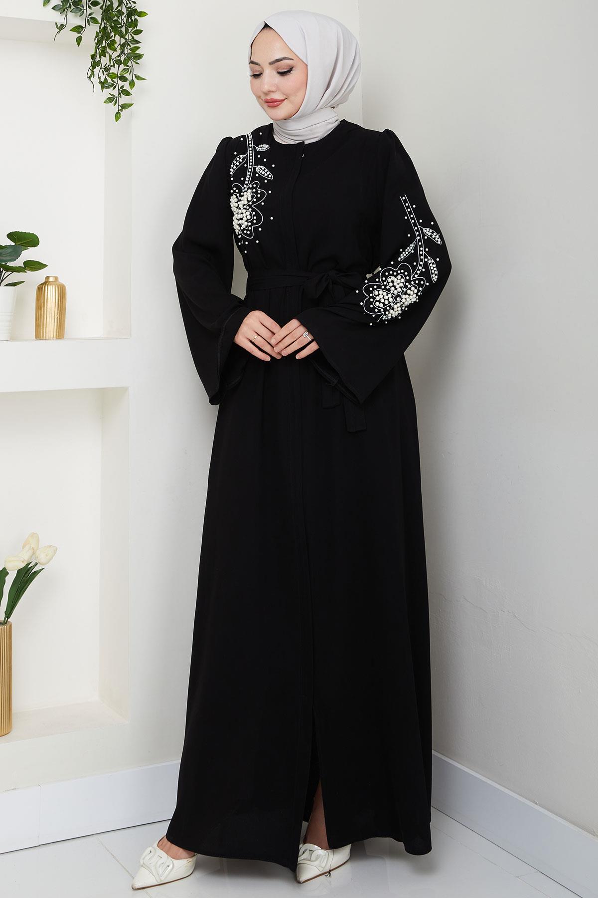 İncili Çiçek Motifli Kuşaklı Ferace Siyah HM2720
