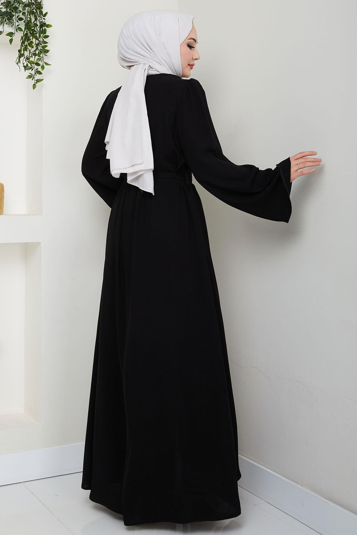 İncili Çiçek Motifli Kuşaklı Ferace Siyah HM2720