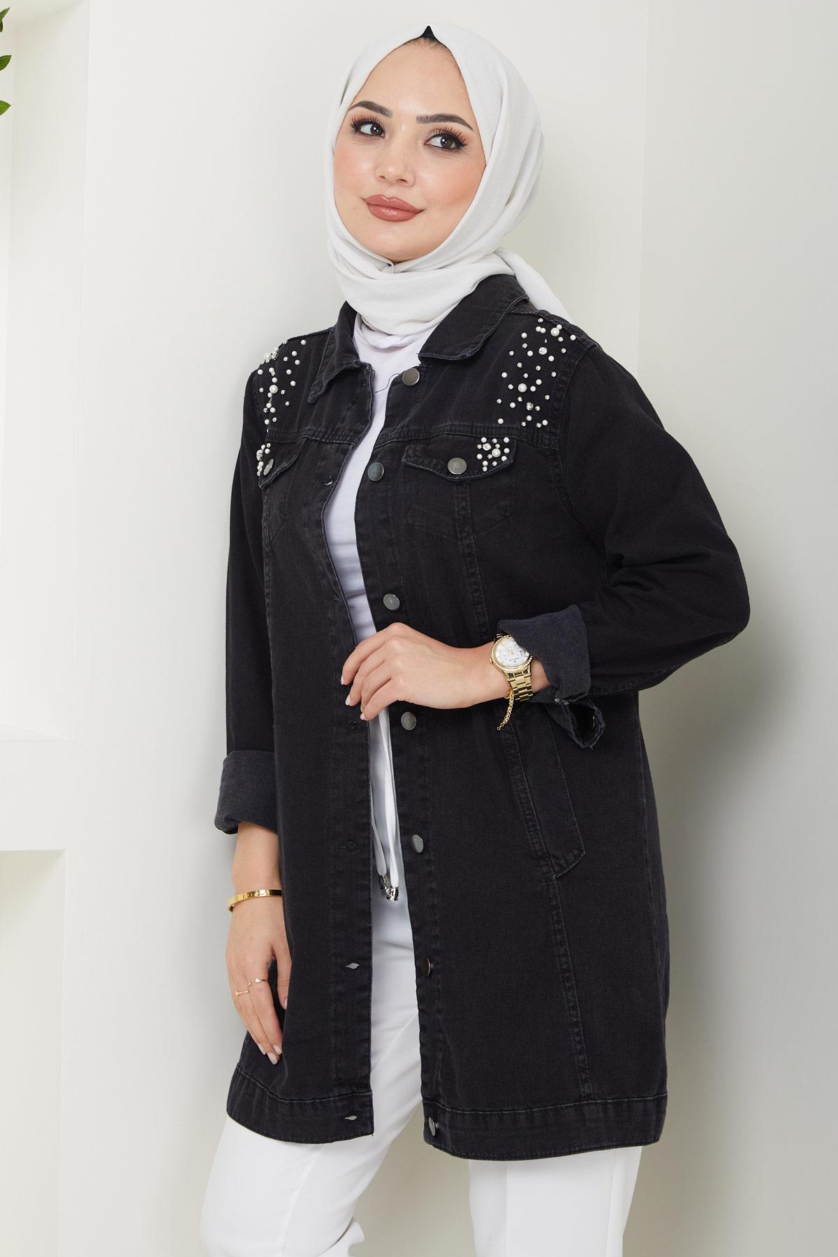 İncili Kot Ceket Siyah HM2346