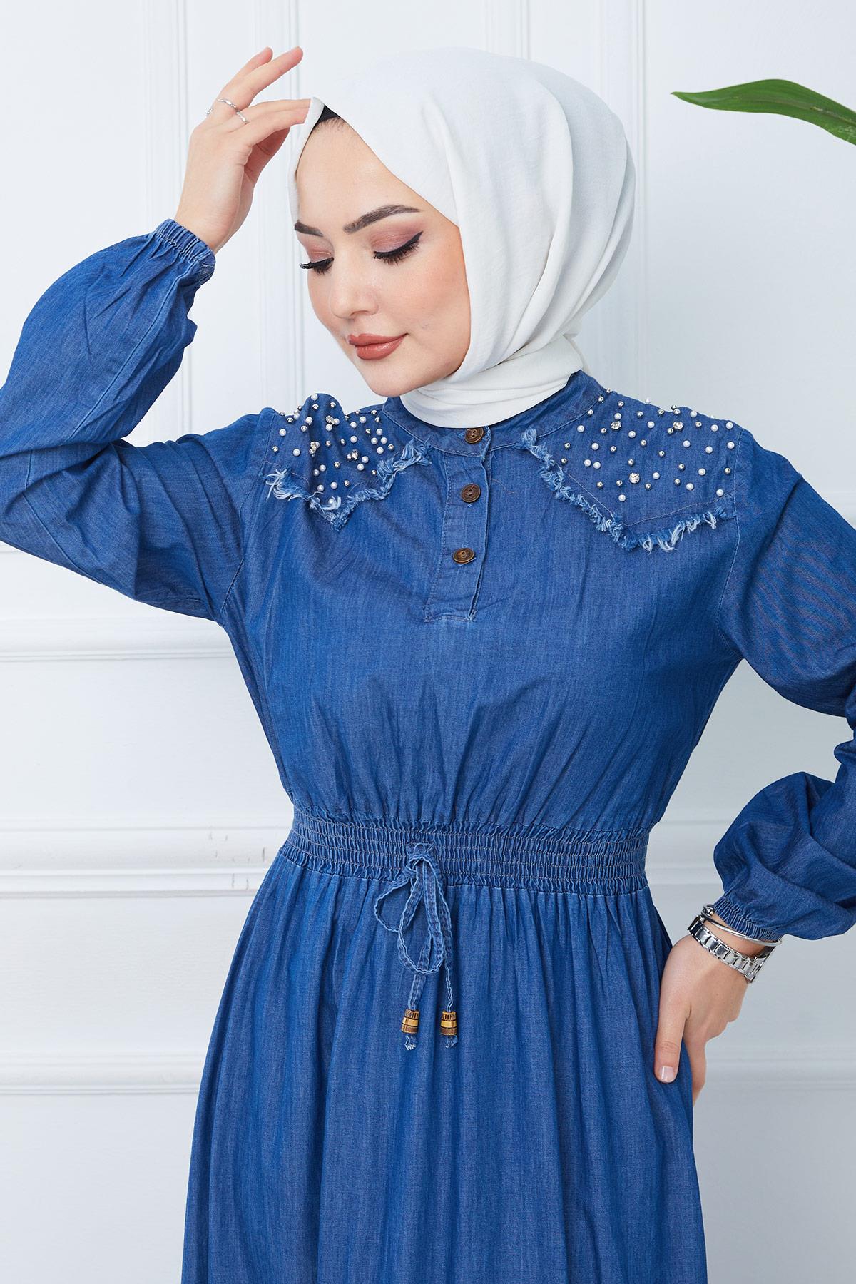 İncili Kot Elbise Mavi HM2348