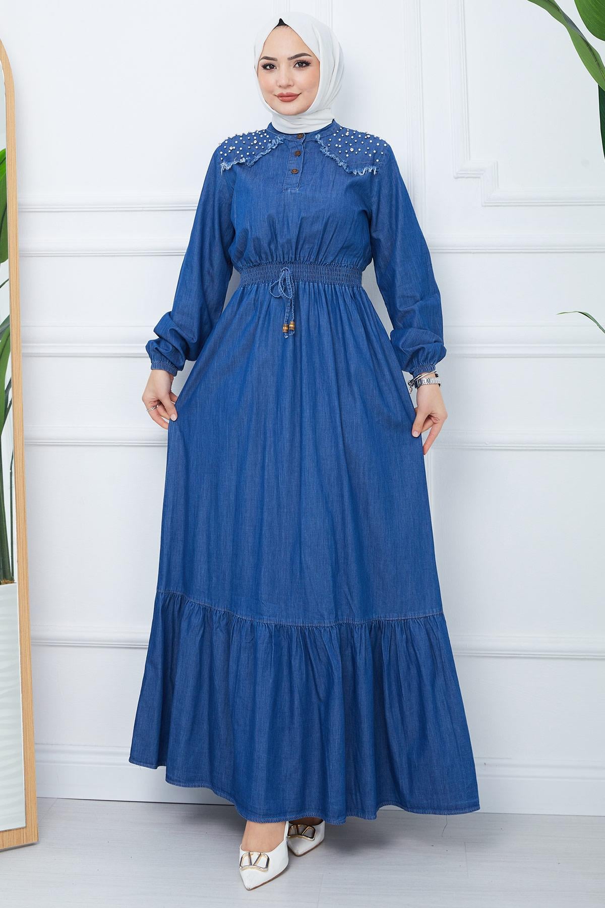 İncili Kot Elbise Mavi HM2348