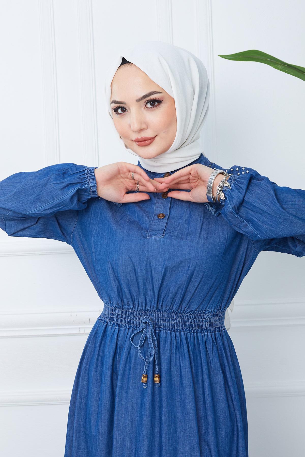 İncili Kot Elbise Mavi HM2348