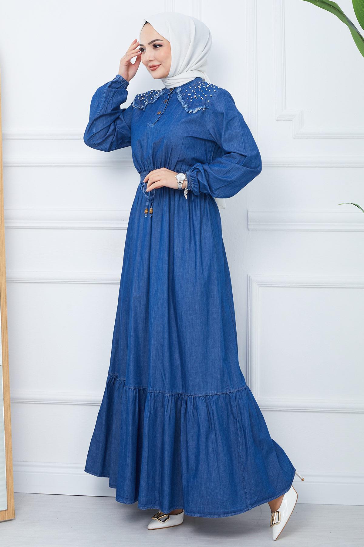 İncili Kot Elbise Mavi HM2348