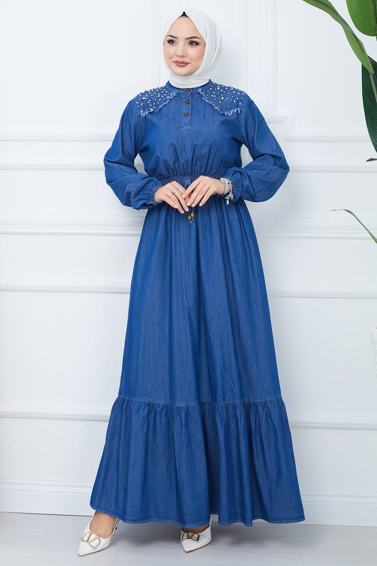 İncili Kot Elbise Mavi HM2348