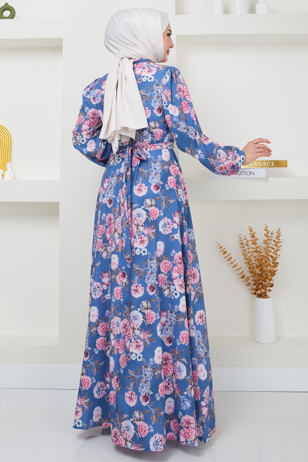 Jessica Çiçek Baskılı Mavi Elbise HM2372
