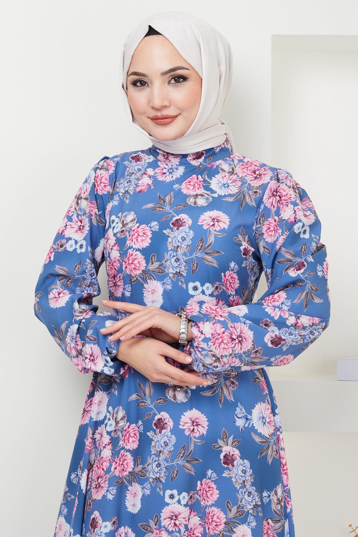 Jessica Çiçek Baskılı Mavi Elbise HM2372