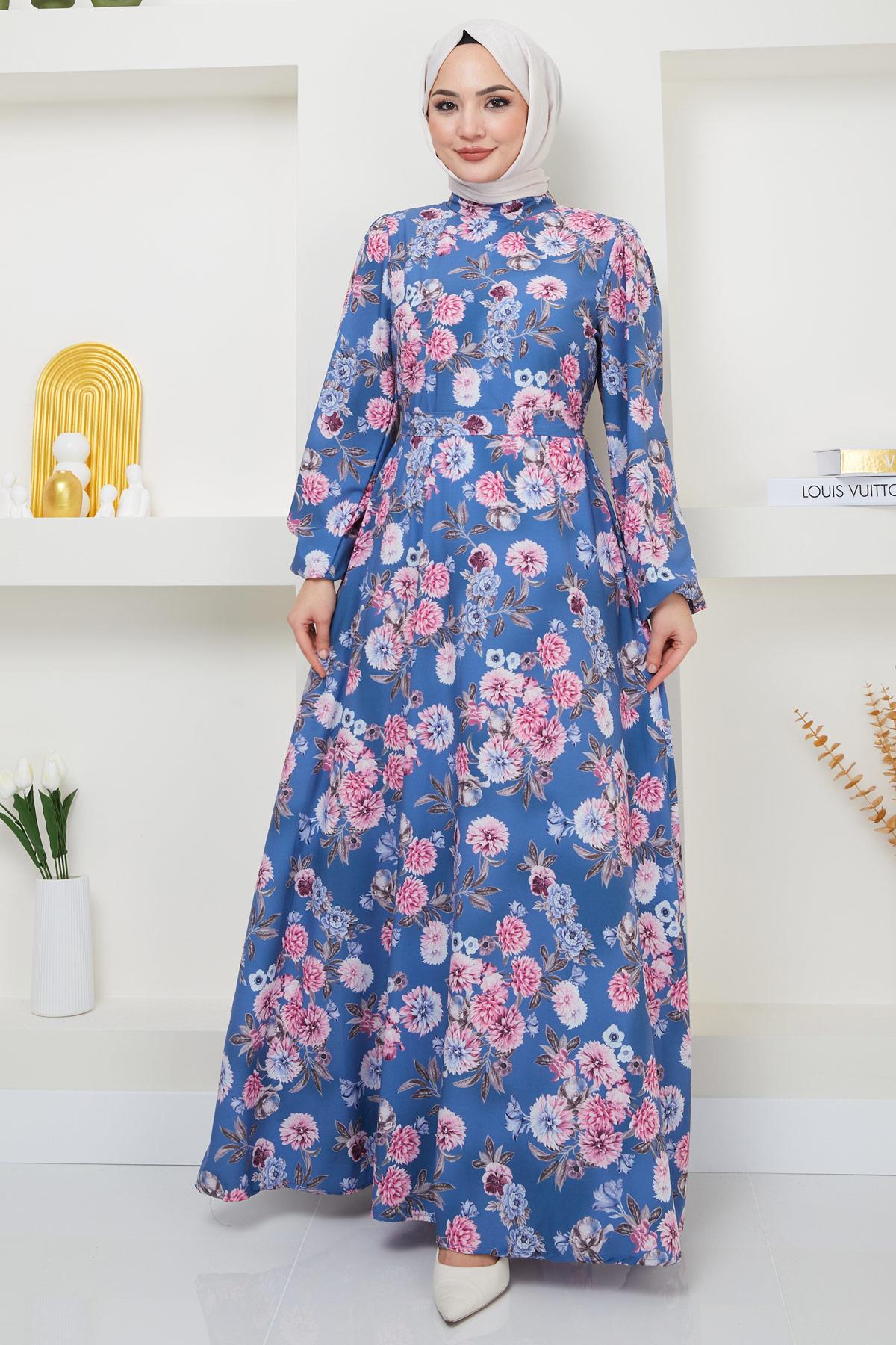 Jessica Çiçek Baskılı Mavi Elbise HM2372