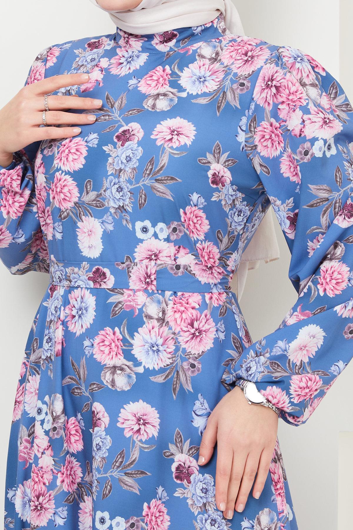 Jessica Çiçek Baskılı Mavi Elbise HM2372