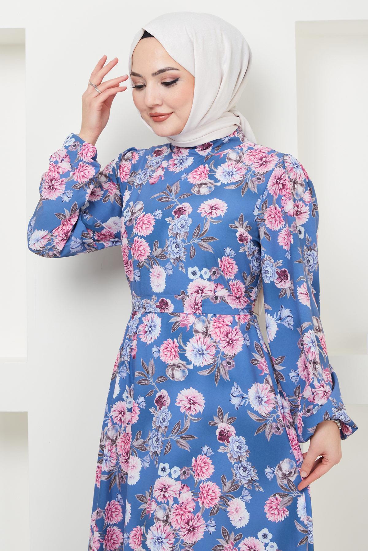 Jessica Çiçek Baskılı Mavi Elbise HM2372