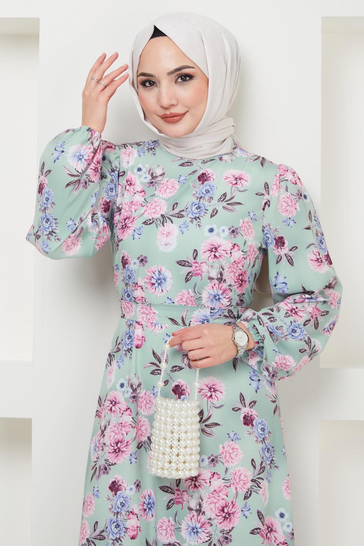 Jessica Çiçek Baskılı Mint Rengi Elbise HM2372