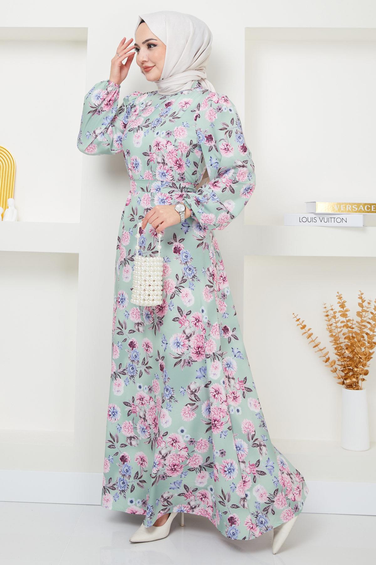 Jessica Çiçek Baskılı Mint Rengi Elbise HM2372