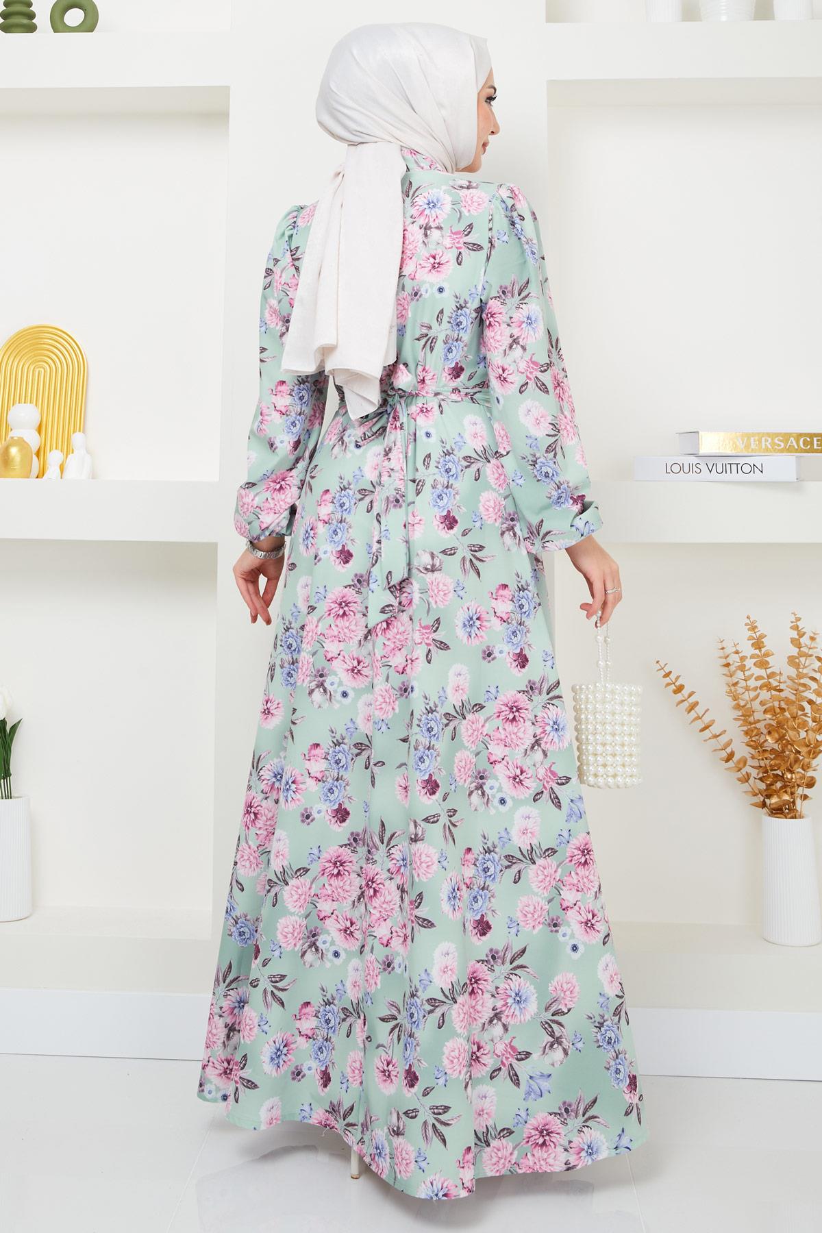 Jessica Çiçek Baskılı Mint Rengi Elbise HM2372