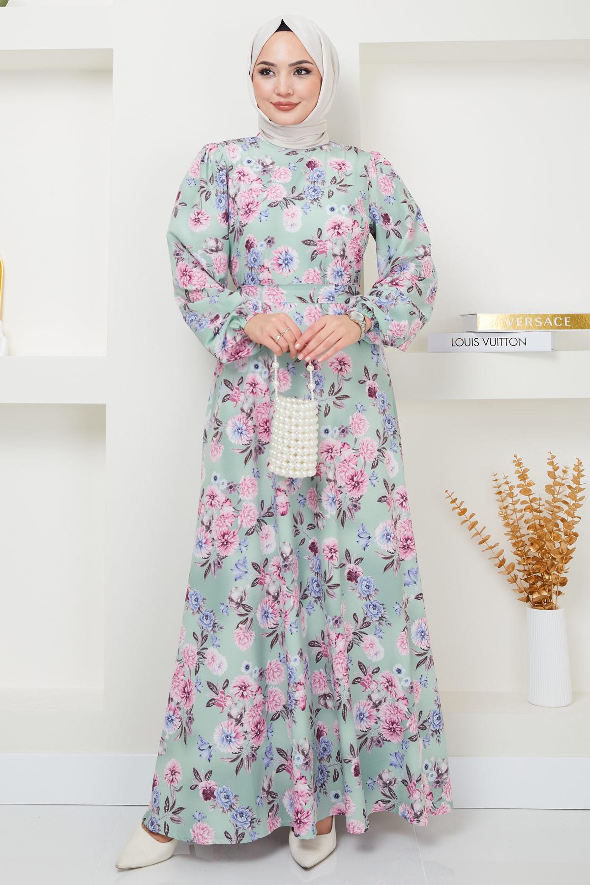 Jessica Çiçek Baskılı Mint Rengi Elbise HM2372