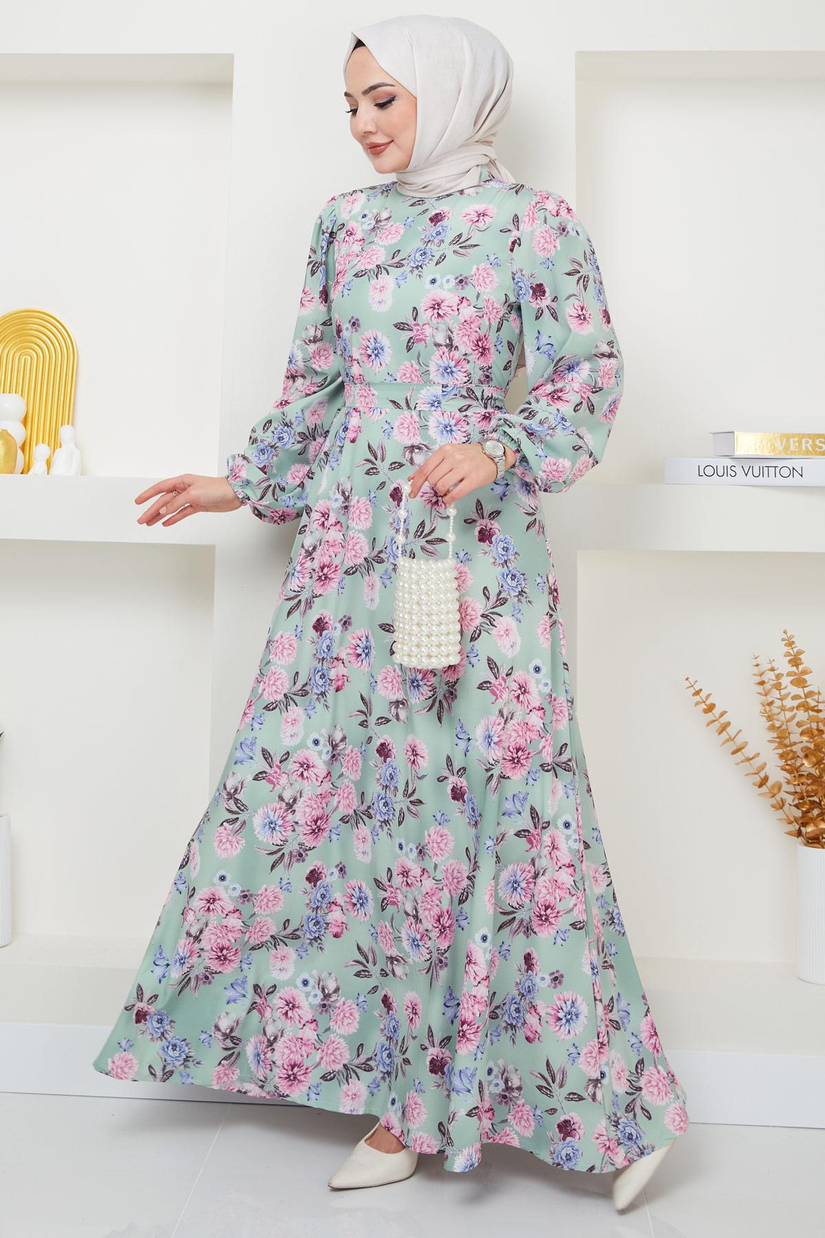 Jessica Çiçek Baskılı Mint Rengi Elbise HM2372