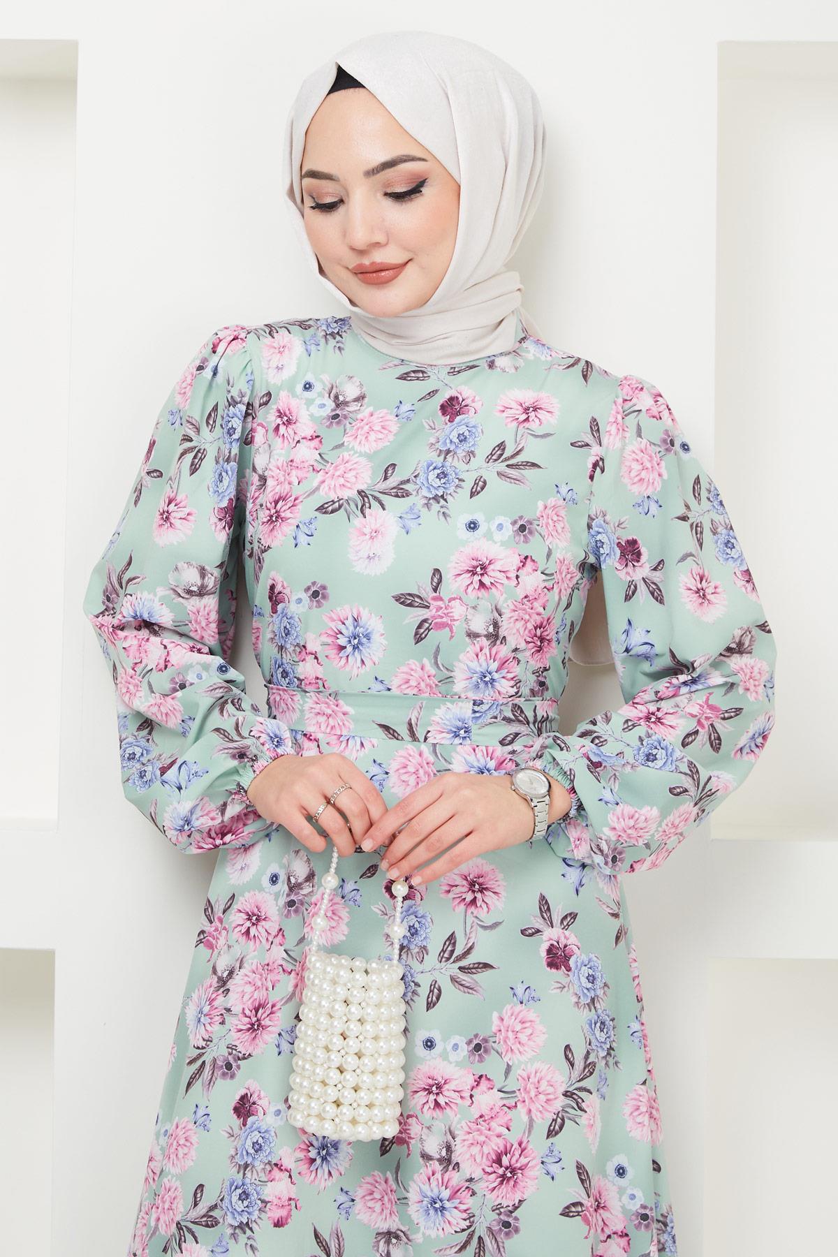 Jessica Çiçek Baskılı Mint Rengi Elbise HM2372