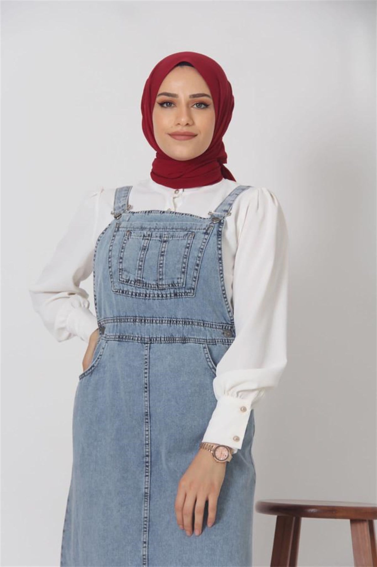 Kadın Mavi Tesettür Bahçıvan Kot Salopet 