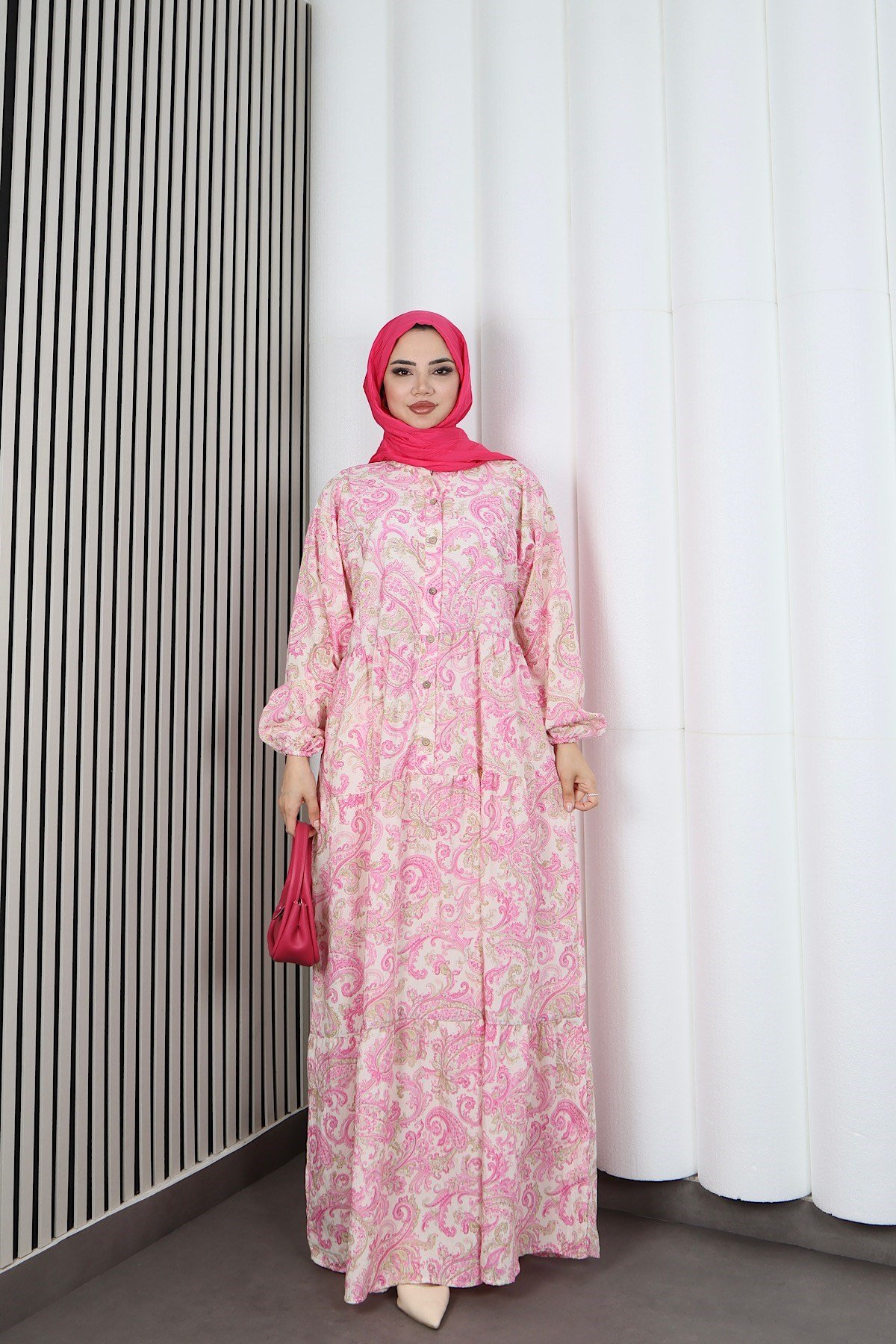Kadın Modal Kumaş Şal Desen Tesettür  Yarım Pat Düğmeli  Yazlık Elbise Pembe HNT2131