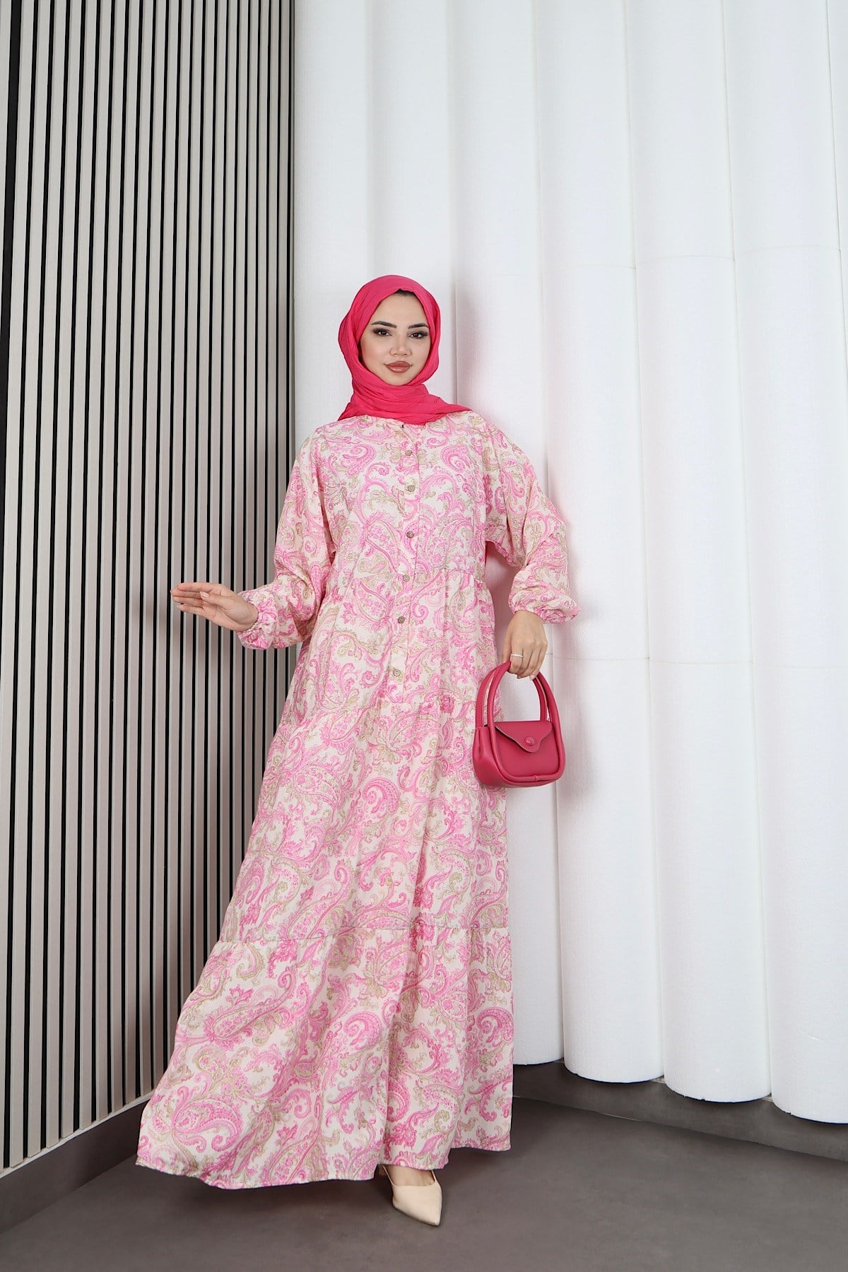 Kadın Modal Kumaş Şal Desen Tesettür  Yarım Pat Düğmeli  Yazlık Elbise Pembe HNT2131