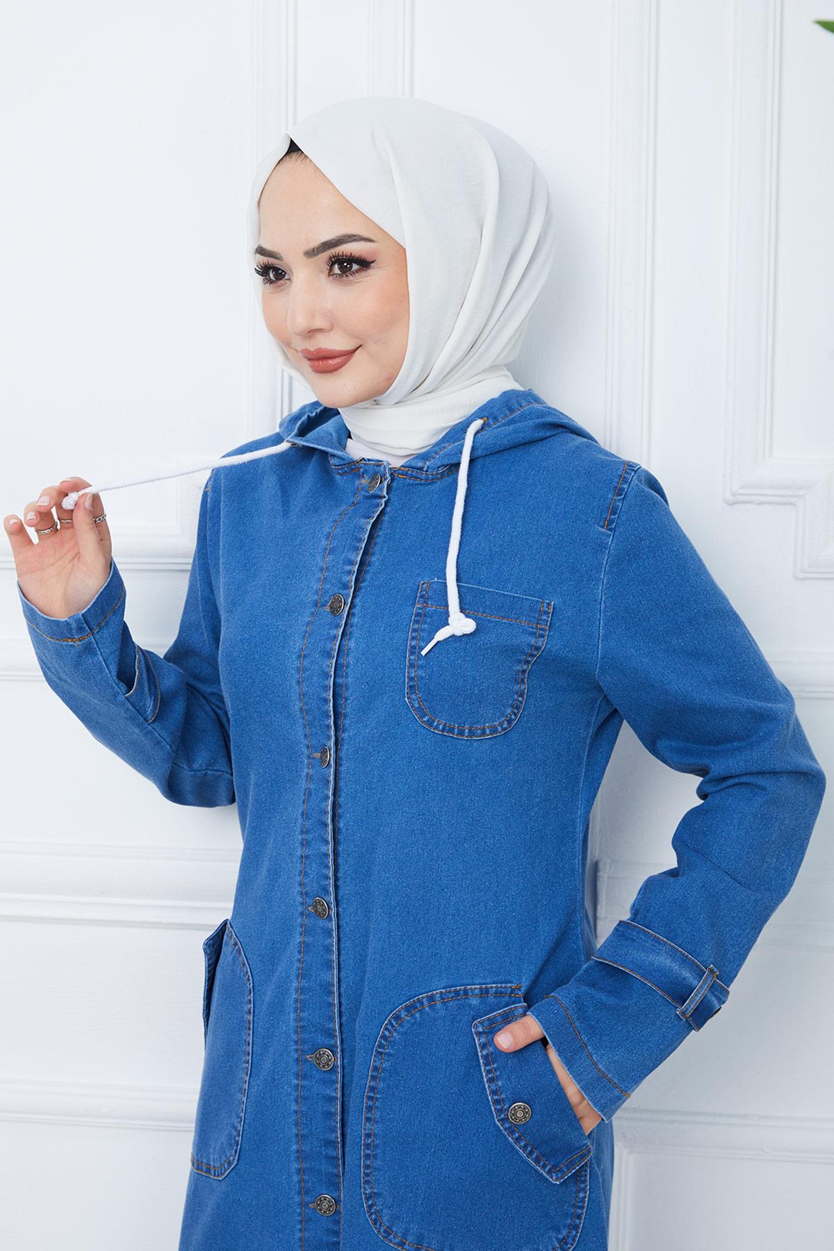 Kapşonlu Kot Kap Mavi HM2344