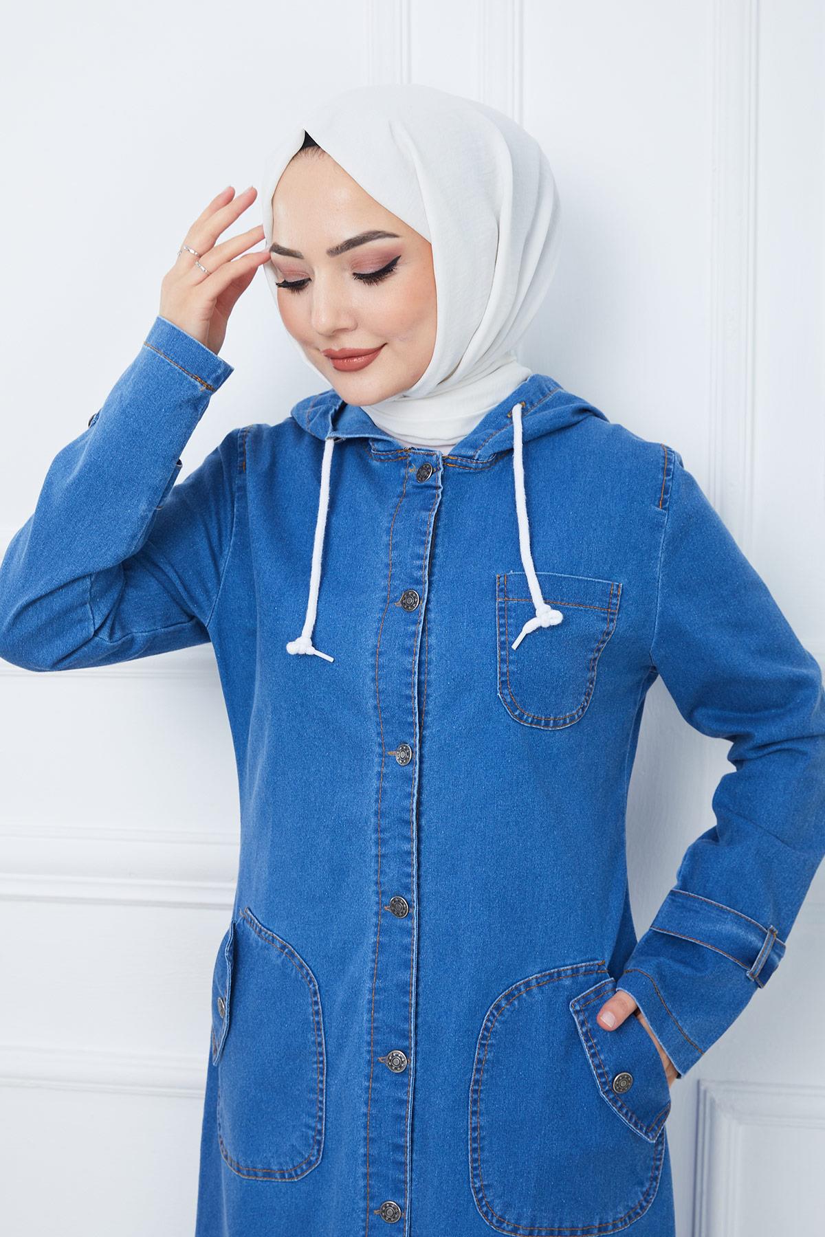 Kapşonlu Kot Kap Mavi HM2344