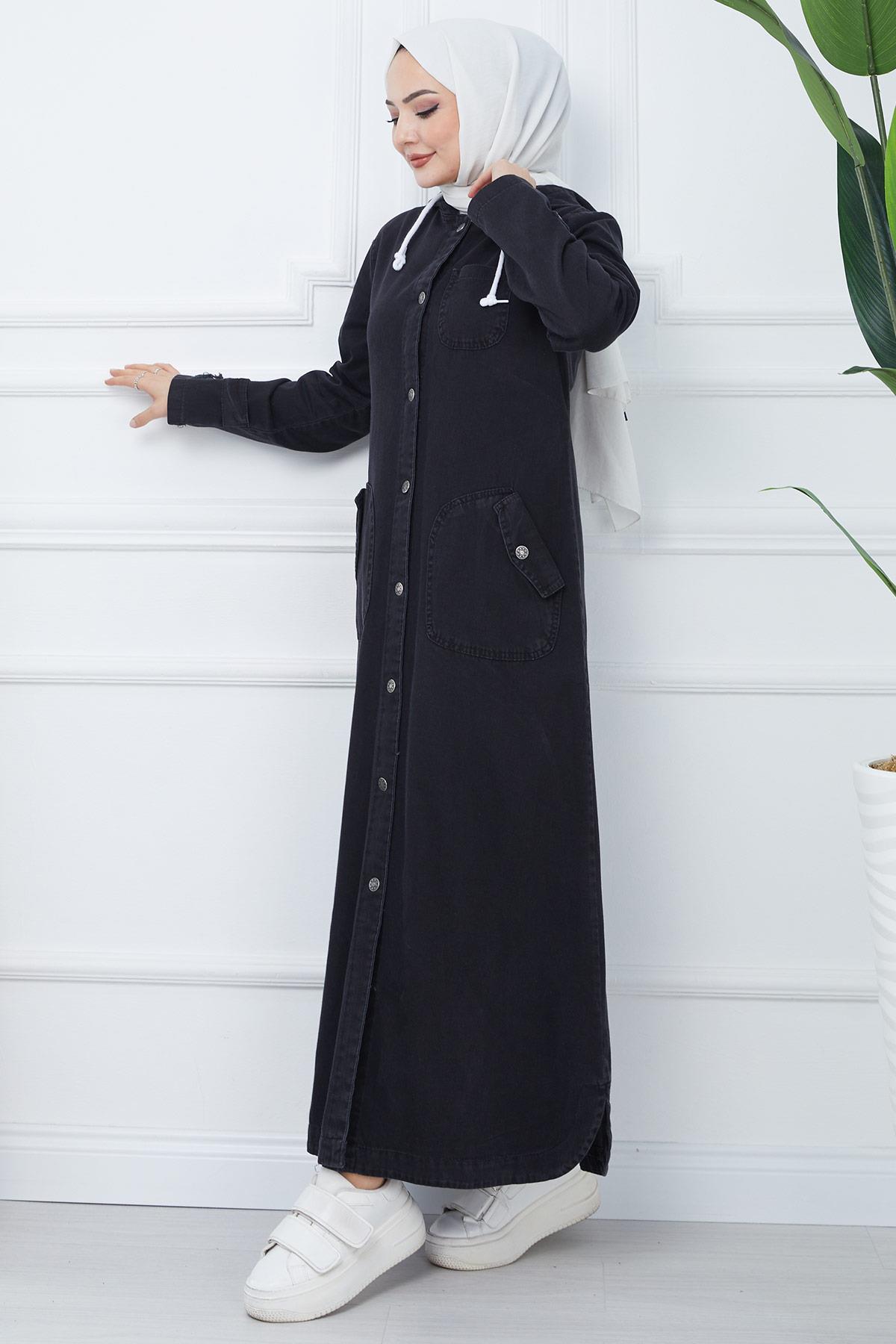 Kapşonlu Kot Kap Siyah HM2344