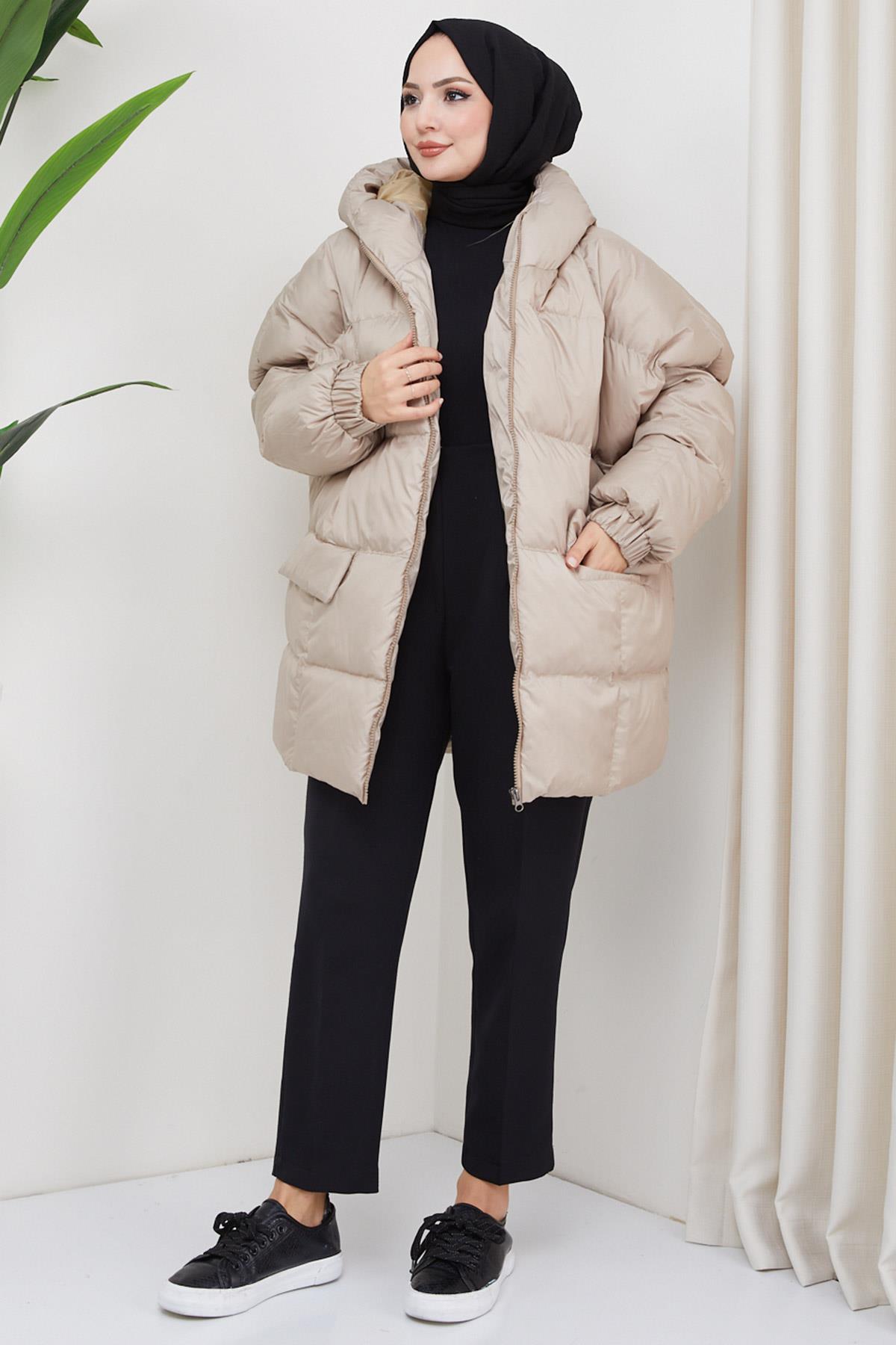 Kapşonlu Oversize Şişme Mont Bej HM2314