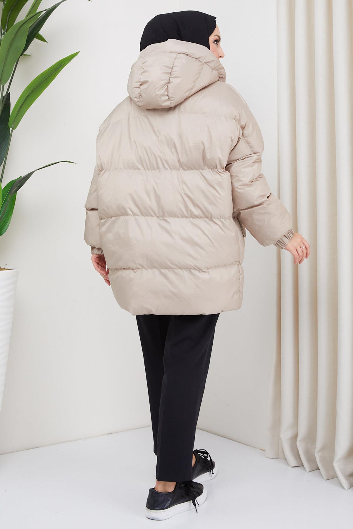Kapşonlu Oversize Şişme Mont Bej HM2314