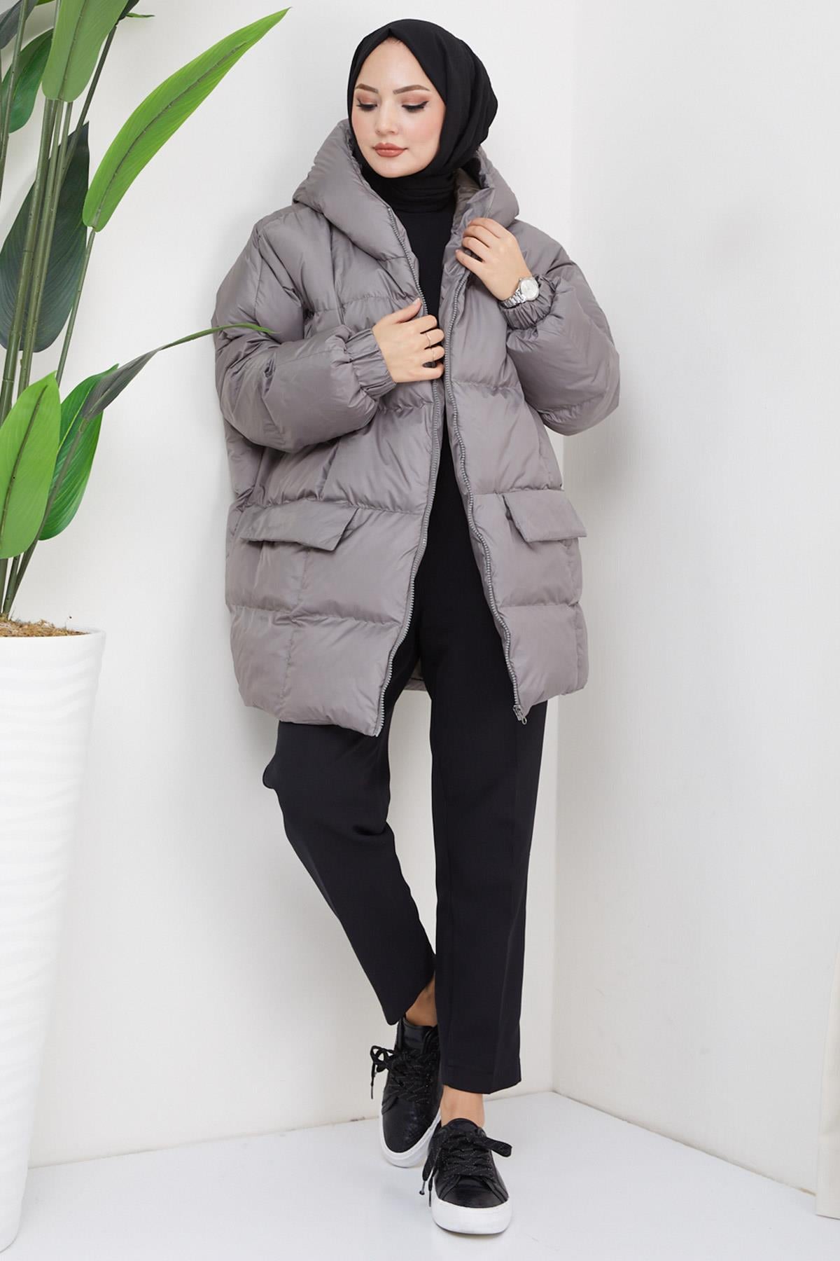 Kapşonlu Oversize Şişme Mont Füme HM2314