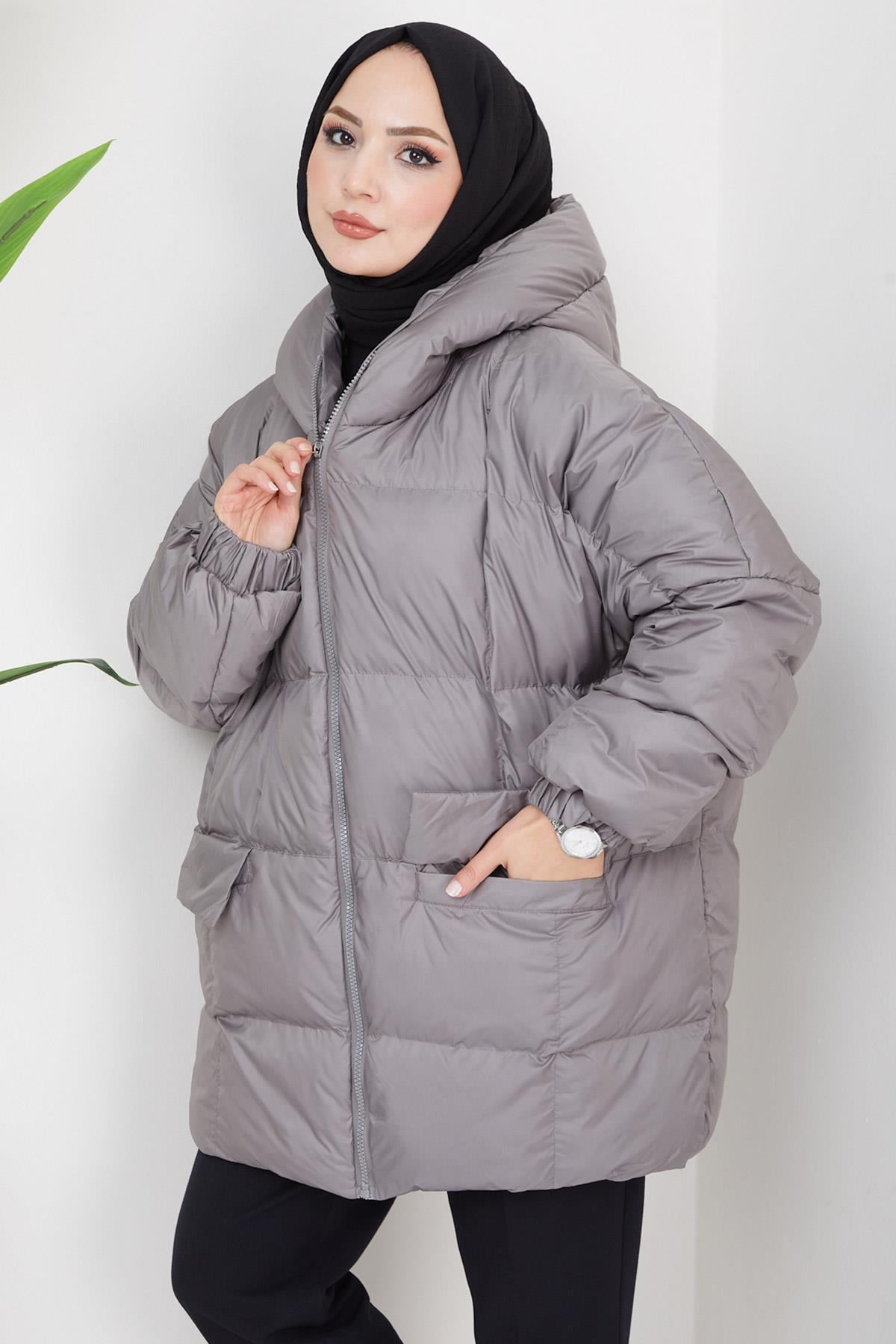Kapşonlu Oversize Şişme Mont Füme HM2314