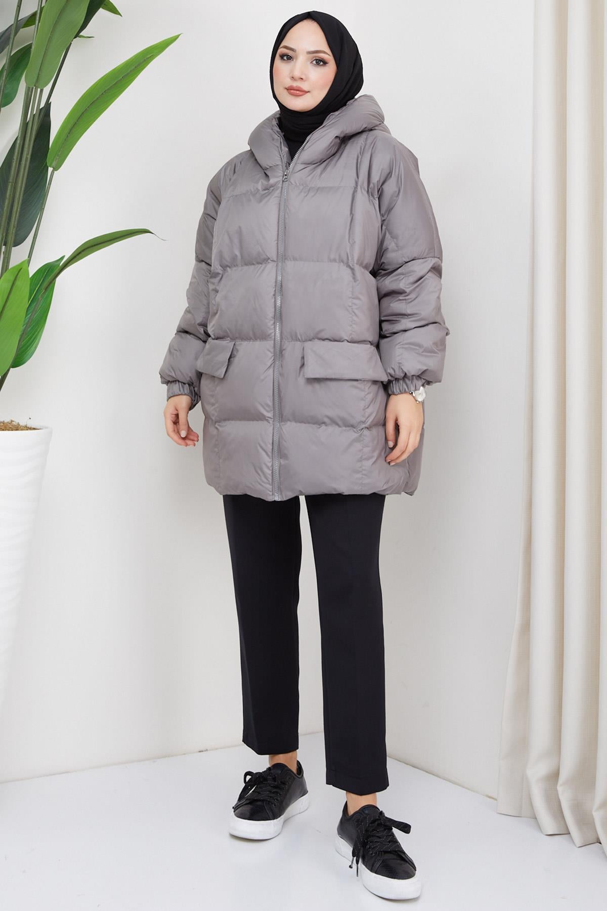 Kapşonlu Oversize Şişme Mont Füme HM2314