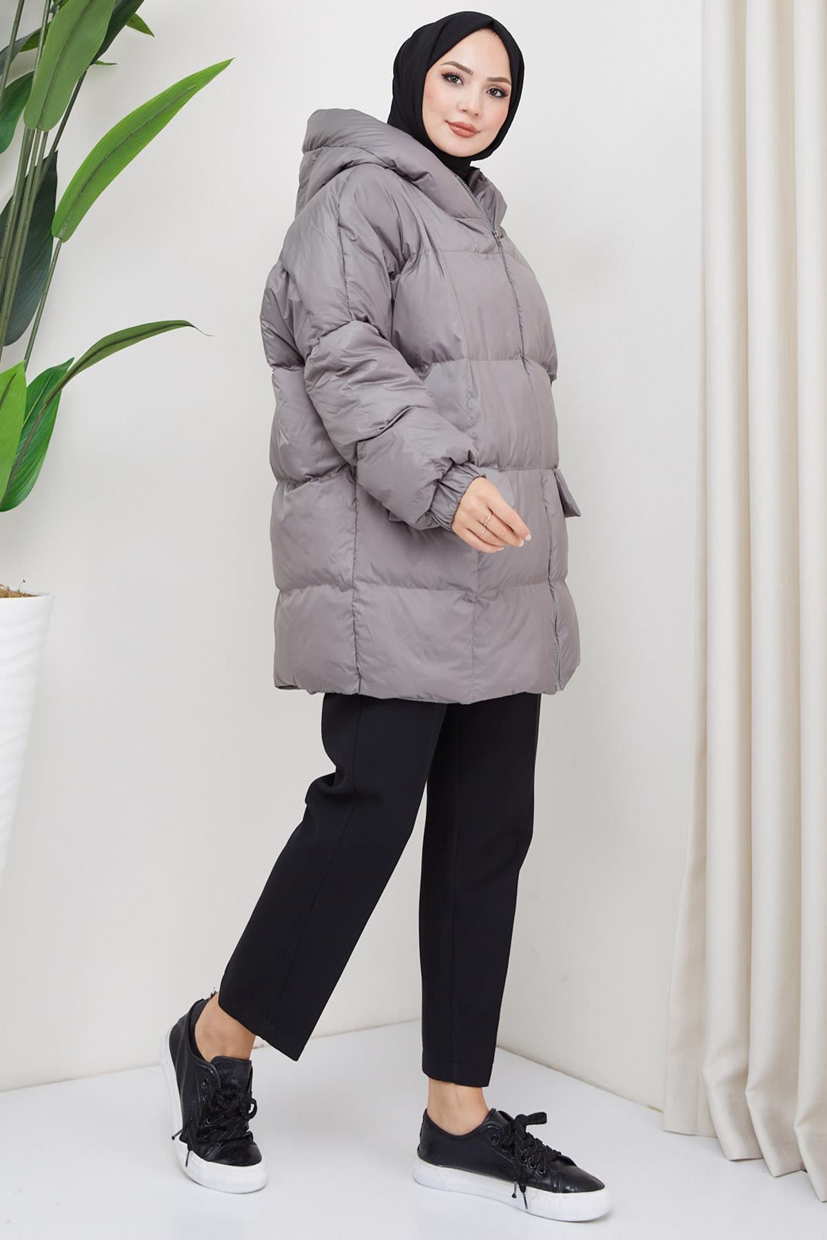 Kapşonlu Oversize Şişme Mont Füme HM2314