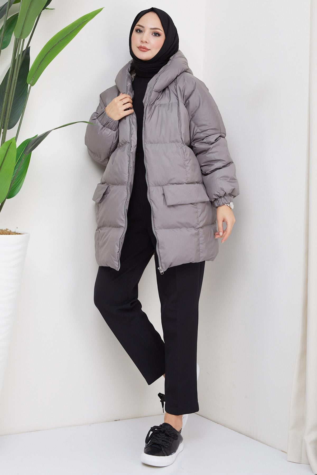 Kapşonlu Oversize Şişme Mont Füme HM2314