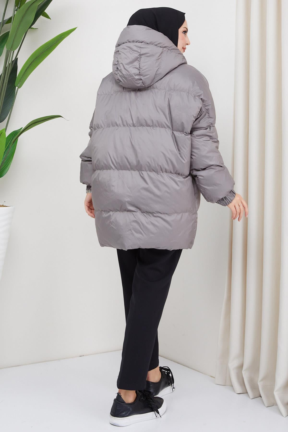 Kapşonlu Oversize Şişme Mont Füme HM2314