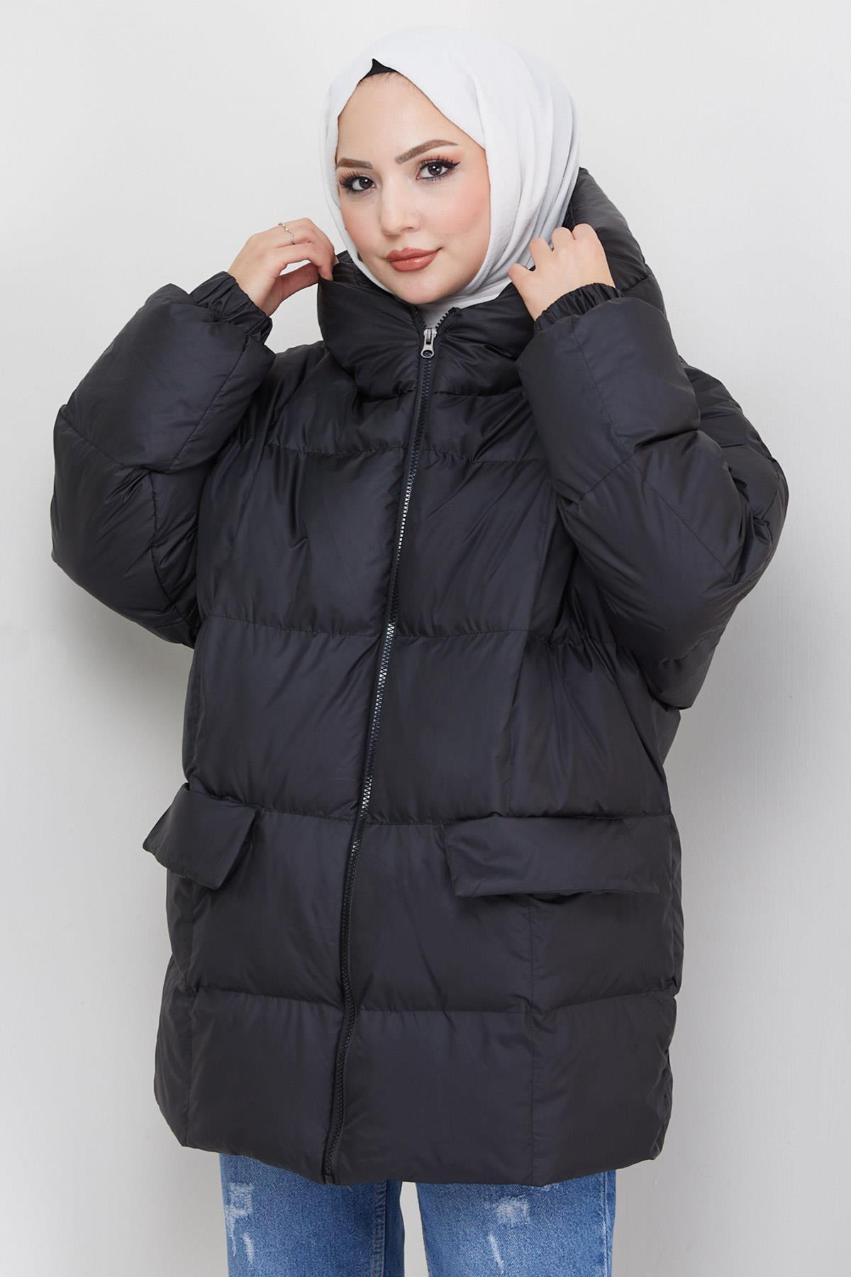 Kapşonlu Oversize Şişme Mont Siyah HM2314