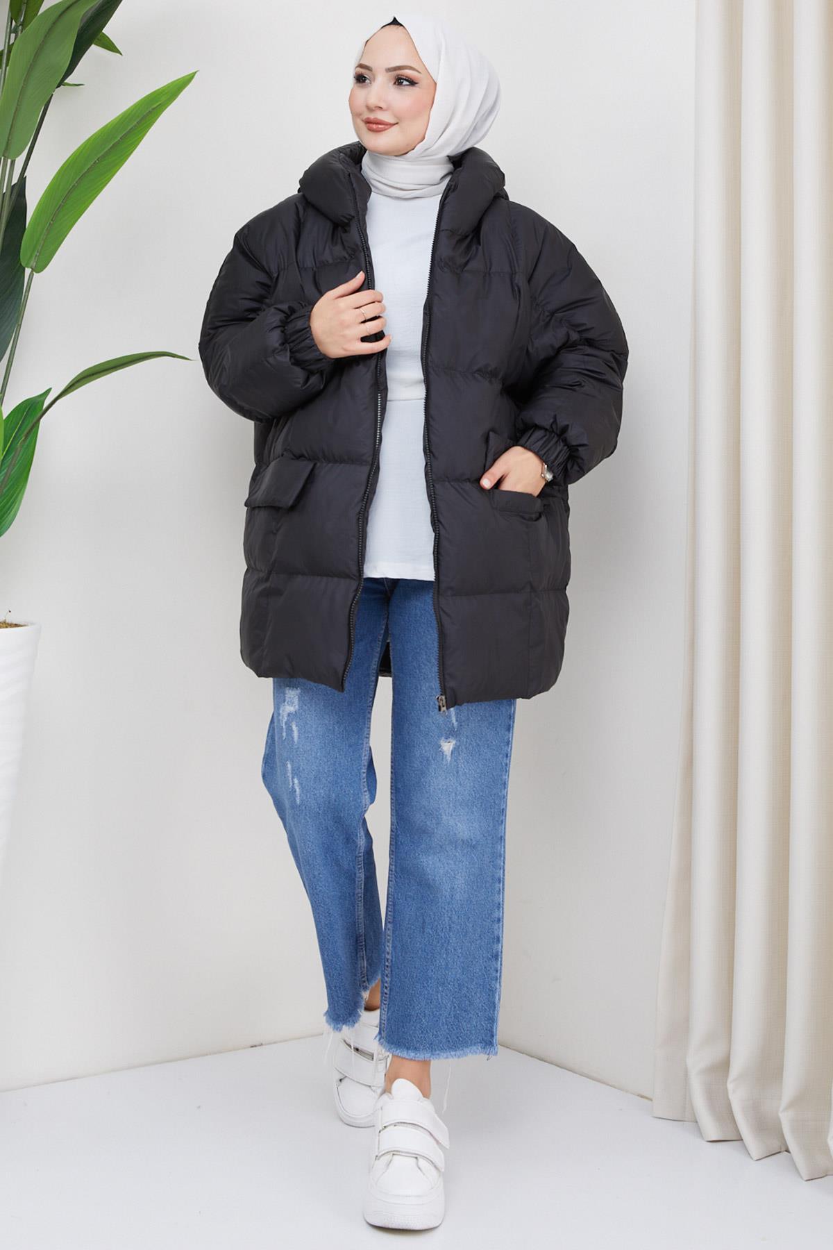 Kapşonlu Oversize Şişme Mont Siyah HM2314