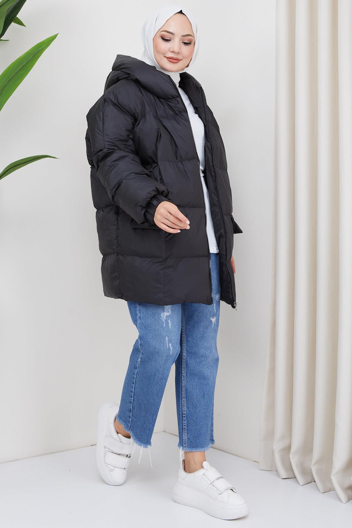 Kapşonlu Oversize Şişme Mont Siyah HM2314