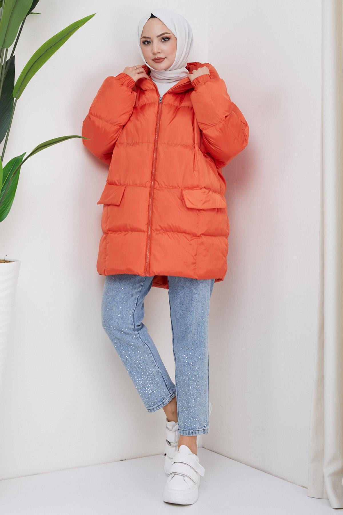Kapşonlu Oversize Şişme Mont Turuncu HM2314