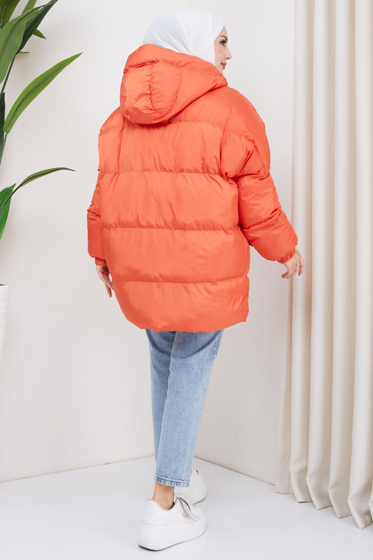 Kapşonlu Oversize Şişme Mont Turuncu HM2314