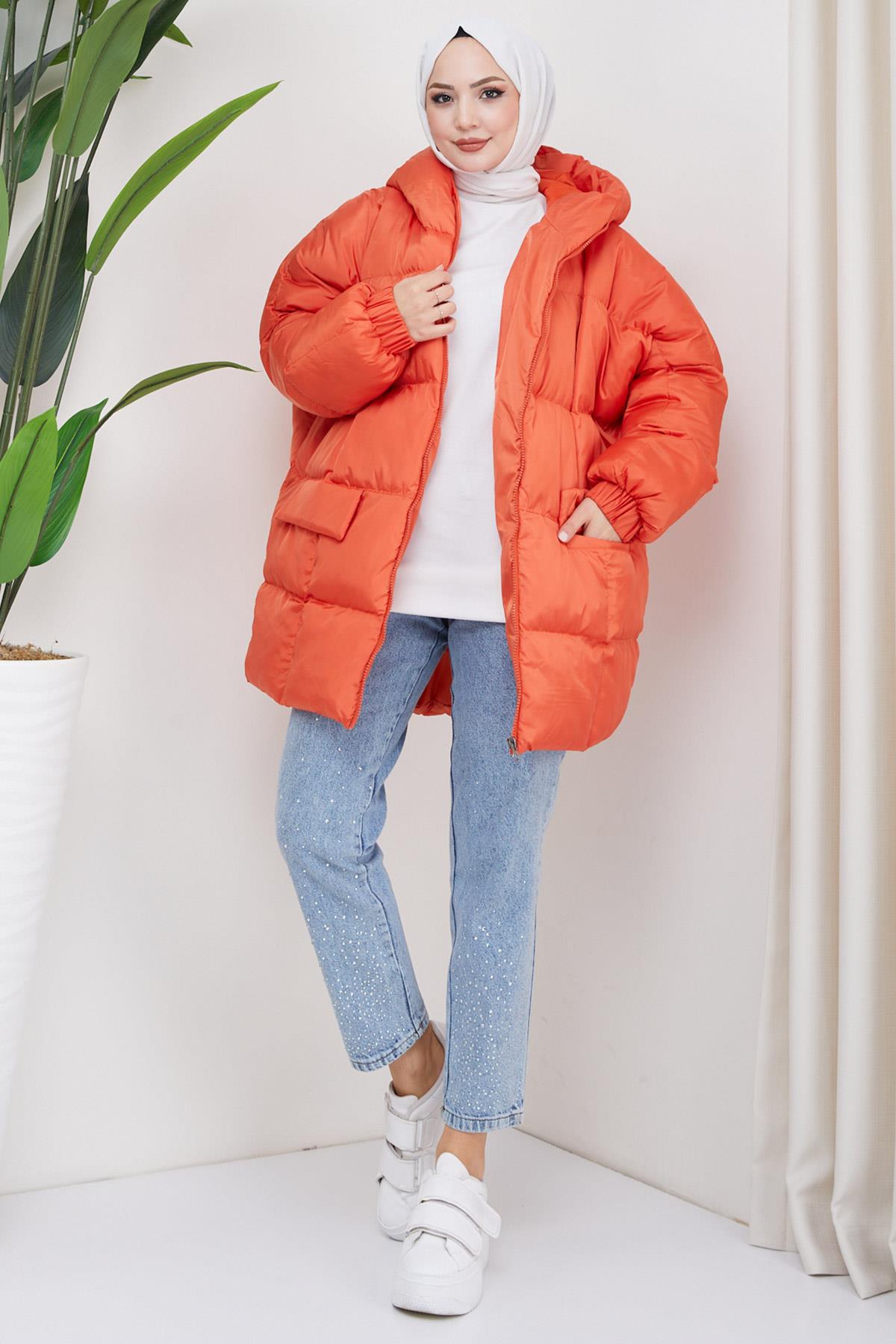 Kapşonlu Oversize Şişme Mont Turuncu HM2314